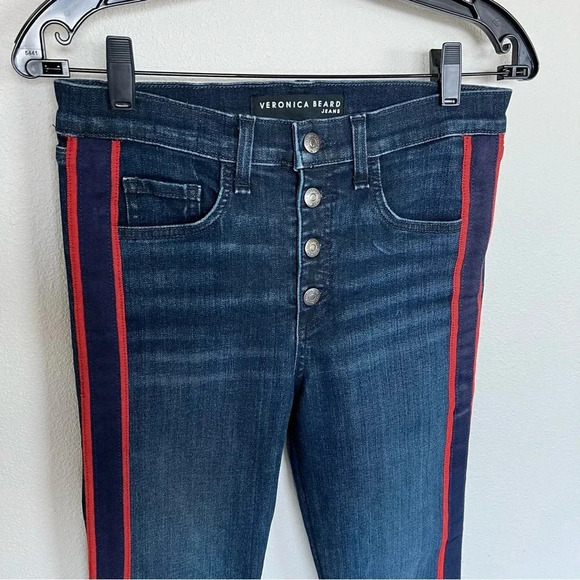Veronica Beard Carolyn 10” Baby Boot Jeans Midnight Blue Tuxedo Stripe Red - Picture 5 of 12